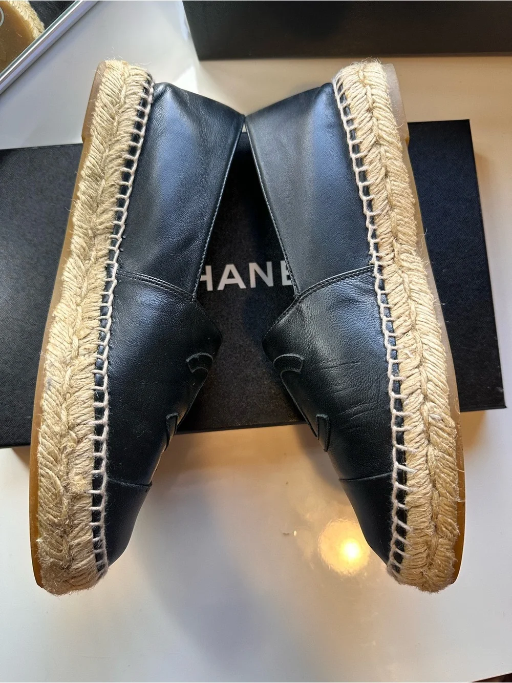 CHANEL Black Leather Espadrille Flats with Interlocked CC